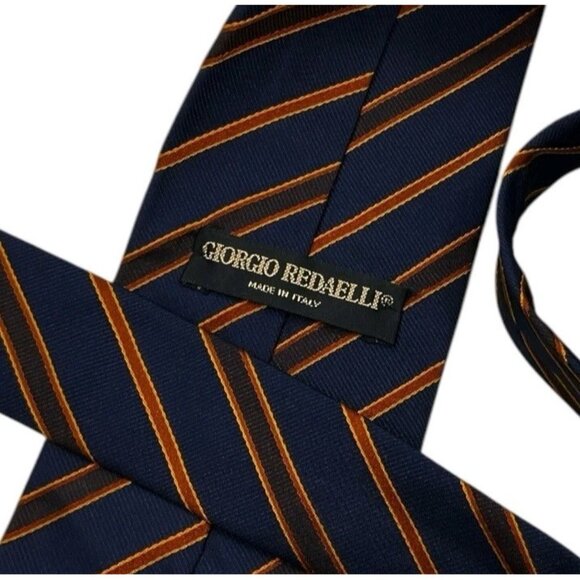 GIORGIO REDAELLI Men's 100% Silk Necktie LUXURY Navy Orange Striped W:3.7" EUC - Picture 2 of 4